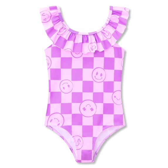 Serdomi Girls Purple Ruffle Neckline One-Piece Swimsuit for Kids Smiling Face Checkered Summer Bathing Suit Size 2T/3T