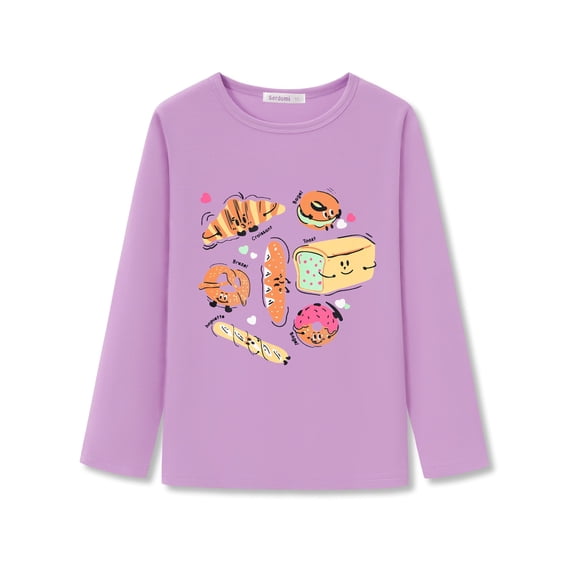 Serdomi Graphic Long Sleeve T-Shirt for Little & Big Girls - Purple Casual Crewneck Top Size 7/8