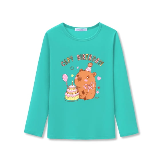 Serdomi Green Capybara Casual Top for Little & Big Girls - Graphic Long Sleeve T-Shirt Size 6