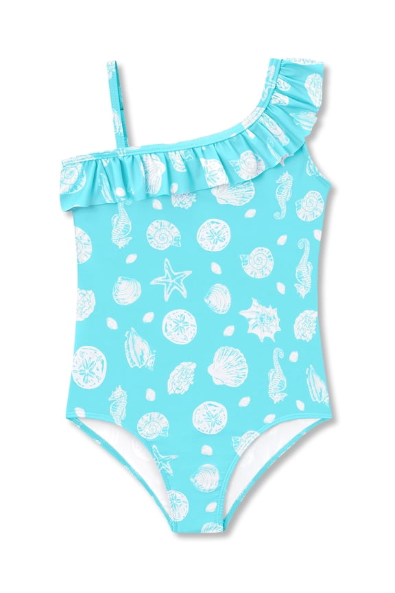 Little Girls Blue Coral & Seashell Print One-Piece Swimsuit Asymmetrical Ruffle Bathing Suit Size 6X/7