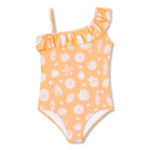 Serdomi Little Girls Orange Seashell Print One-Piece Swimsuit Asymmetrical Ruffle Bathing Suit Size 10