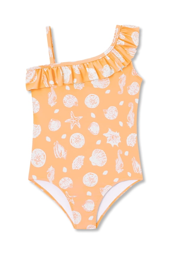 Little Girls Orange Seashell Print One-Piece Swimsuit Asymmetrical Ruffle Bathing Suit Size 6X/7