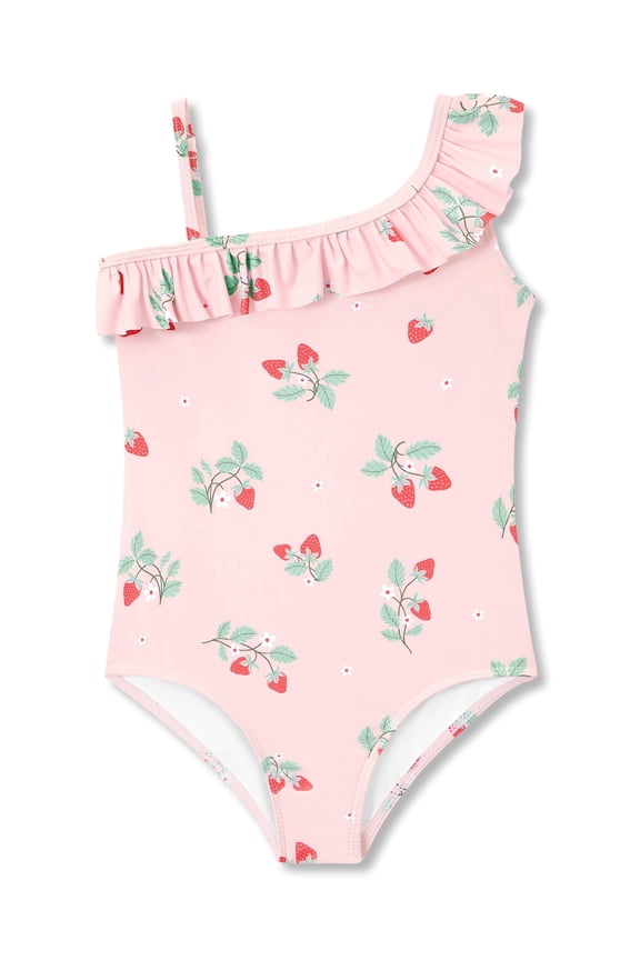 Little Girls Pink Strawberry Print One-Piece Swimsuit Asymmetrical Ruffle Bathing Suit Size 10