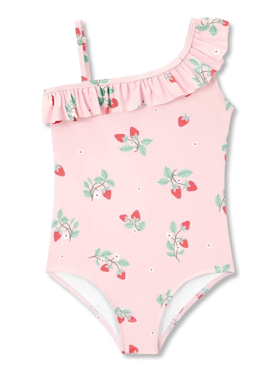 Little Girls Pink Strawberry Print One-Piece Swimsuit Asymmetrical Ruffle Bathing Suit Size 8