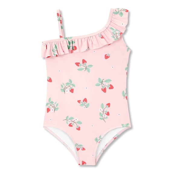 Serdomi Little Girls Pink Strawberry Print One-Piece Swimsuit Asymmetrical Ruffle Bathing Suit Size 8