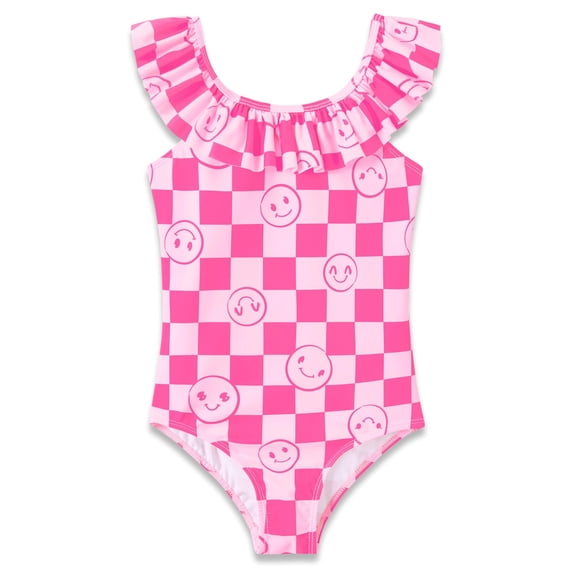 Serdomi Toddler Little Girls Swimsuit One-Piece Lovely Pink Checker Face Bathing Suits for Girls Size 8