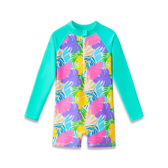 Serdomi Toddler One Piece Rash Guard Swimsuits Long Sleeve with Zipper Front Tropical Leaves Bathing Suit Size 10