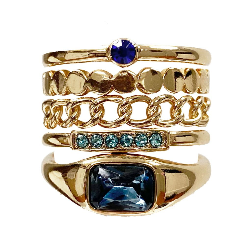Seren Jewelry Gold and Blue Stacking Rings for Women, Set of 5 Rings