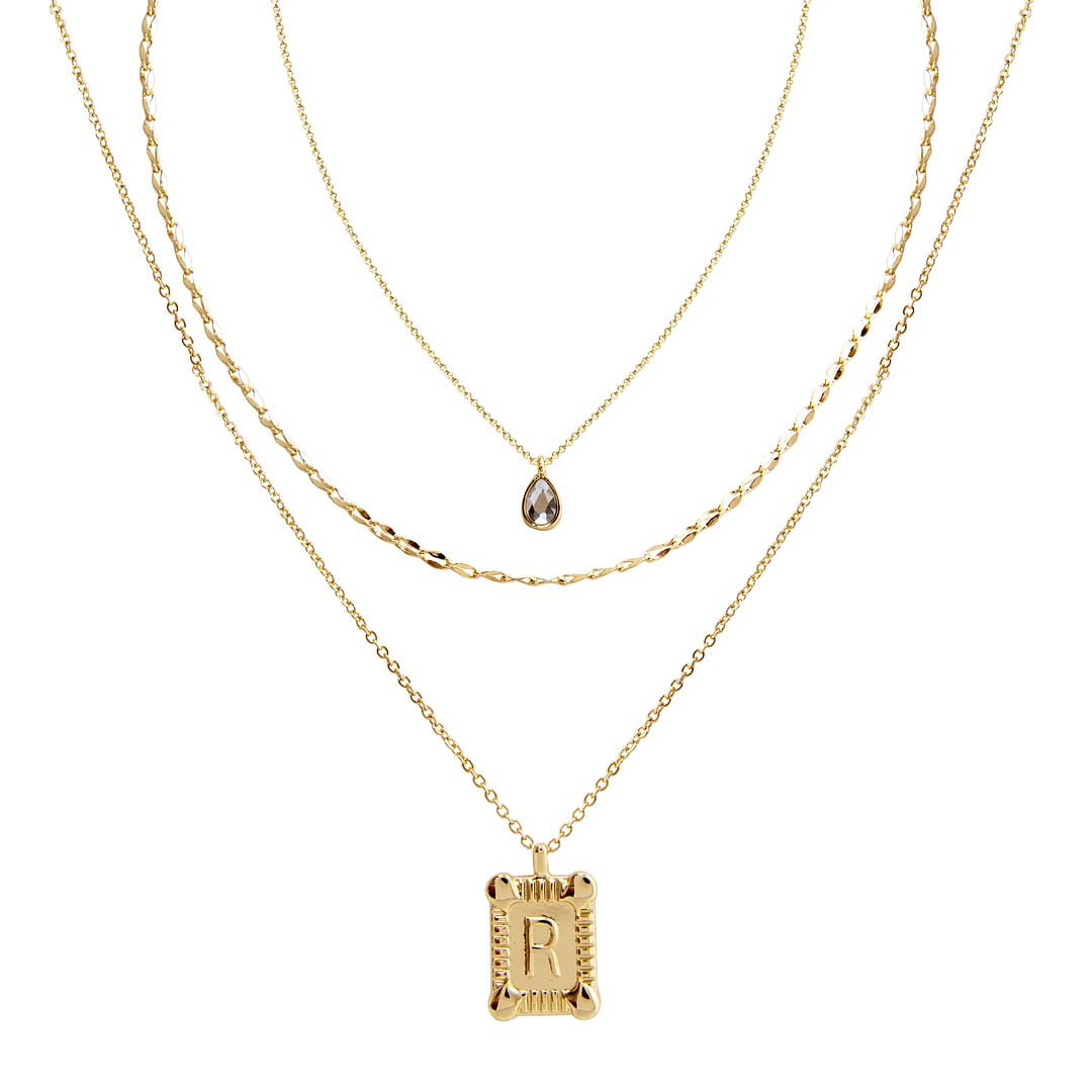 Seren Jewelry Initial Letter "R" Gold Pendant Necklace Set for Women, 3 Pieces
