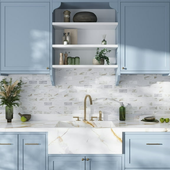 Serena 10x12 White Gray Calacatta Gold, Thassos Mosaic Framed Brick Wall and Floor Tile (4 sq ft/case) - 5 Pack