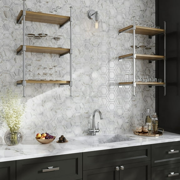 Serena 11x13 White Gray Calacatta Gold, Thassos Mosaic Hexagon Wall and Floor Tile (5.4 sq ft/case) - 5 Pack