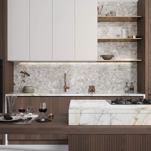 Serena 12 x 12 in. Polished White Gray Marble Mosaic Hexagon Wall and Floor Tile (4.83 sq ft/case) - 5 Pack