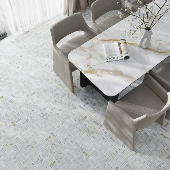 Serena 12x12 White Gray Calacatta Gold, Thassos Mosaic Basketweave Wall and Floor Tile (4.83 sq ft/case) - 5 Pack