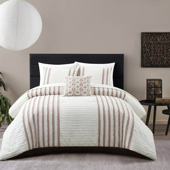 Serena 4 Piece Cotton Comforter Set Clip Jacquard Striped