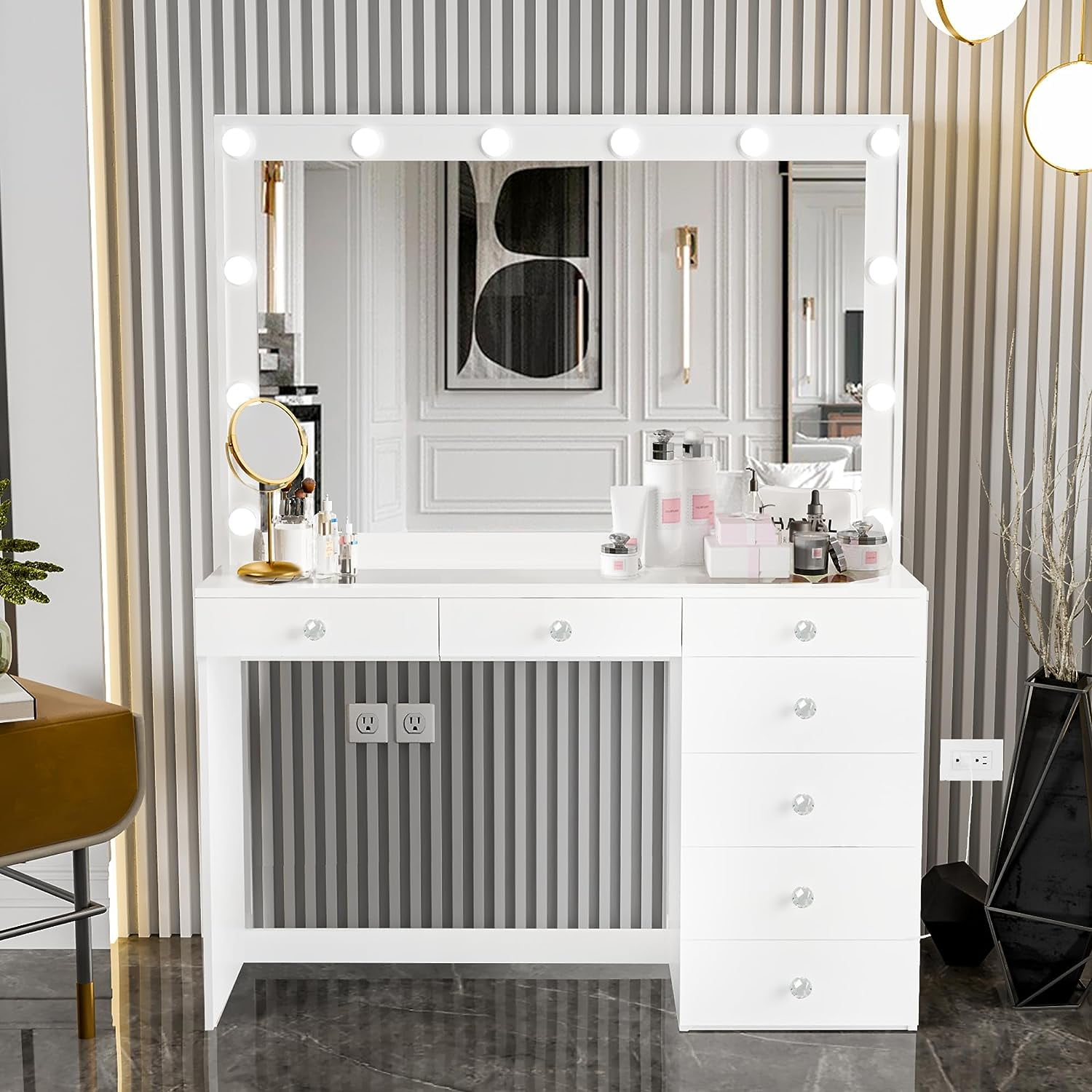 Serena Modern Makeup Vanity with Lights, 7 Drawers, Vanity Mirror