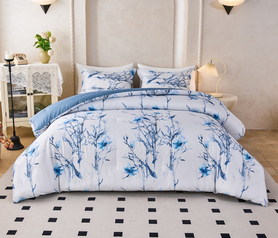 Koniroom 3Pcs Blue Blossom Comforter Set Queen Size, Blue Flower Branch on White Bedding Sets for Women