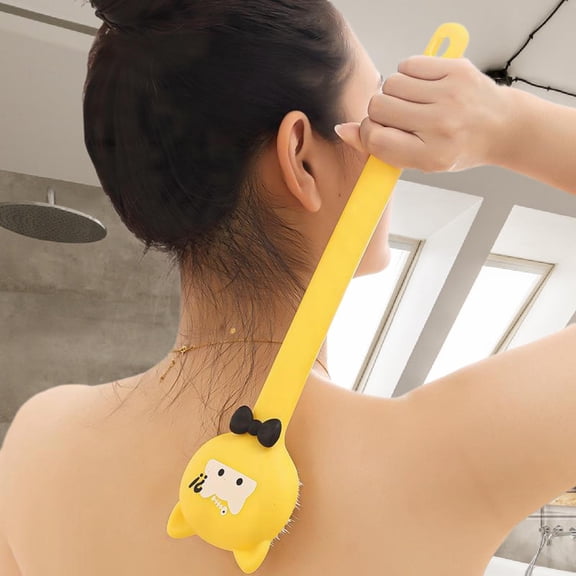 Serenable Cartoon Cat Bath Brush Back Shower Brush Women Men Lightweight Back Scrubber Long Handle for Soap Dispensing Bathing Cleaning Yellow
