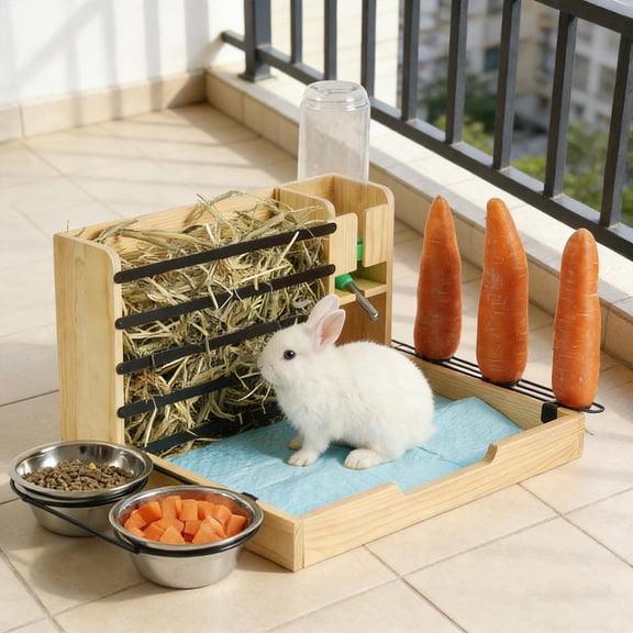 Serenable Rabbit Hay Feeder with 2 Bowls and Litter Box Hay Holder Rack Large Capacity Portable Guinea Pig Bunny Manger Water Dispenser