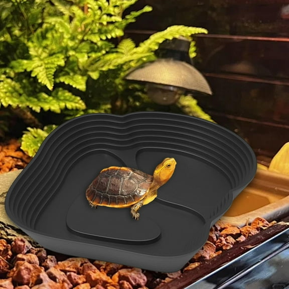 Serenable Reptile Water Bowl Reptile Bathing Pool,with Ramp,Decorations,Turtle Bath Feeding Dish Tortoise Water Bath Bowl for Terrapins black