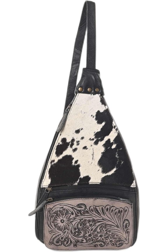 Serenade Sling Cowhide Hair  Crossbody Bag - Hand Tooled Unisex Sling Backpack