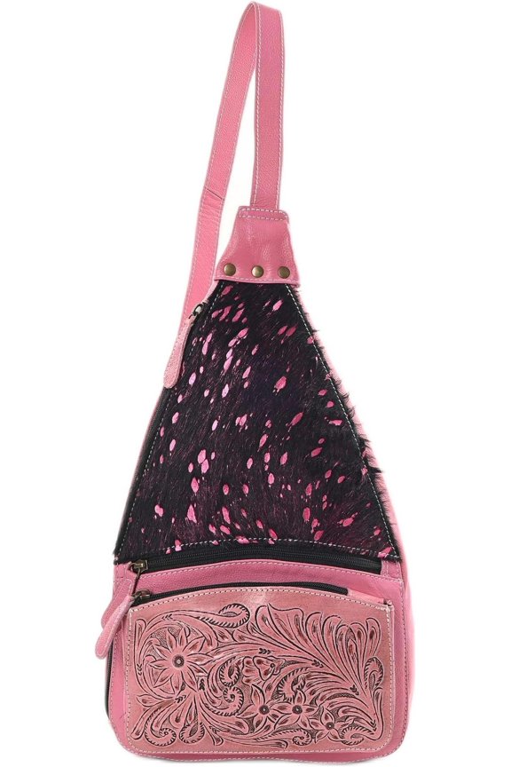 Serenade Sling Cowhide Hair  Crossbody Bag - Hand Tooled Unisex Sling Backpack