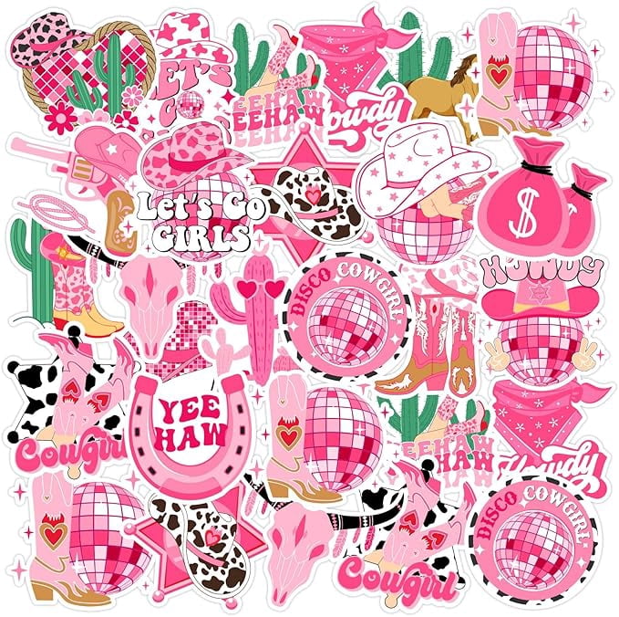 Serencatcher 100pcs Disco Cowgirl Stickers Decals, Lets Go Girls Party Favors Stickers for Water Bottle Skateboard Laptop, Yeehaw Stickers for Western Space Cowgirl Birthday Bachelorette Party Favors
