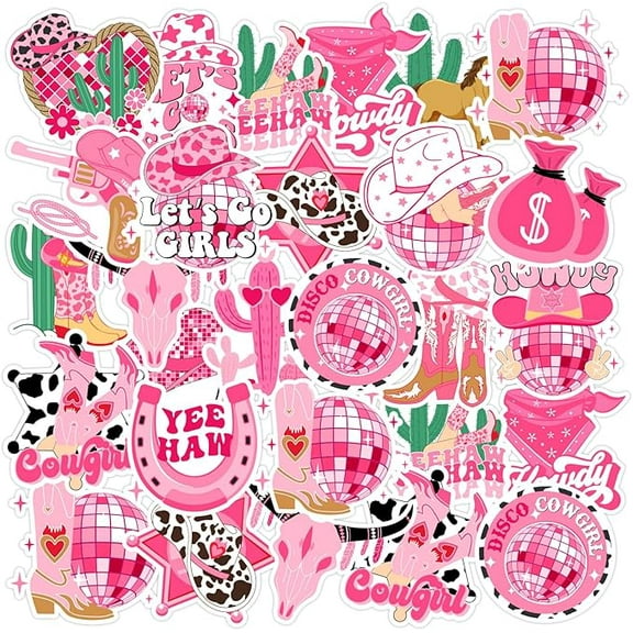 Serencatcher 100pcs Disco Cowgirl Stickers Decals, Lets Go Girls Party Favors Stickers for Water Bottle Skateboard Laptop, Yeehaw Stickers for Western Space Cowgirl Birthday Bachelorette Party Favors