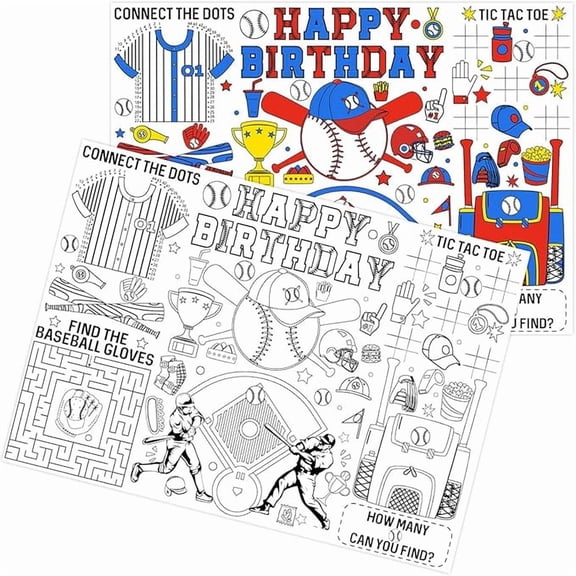 Serencatcher 12pcs Birthday Coloring Placemats, Baseball Birthday Party Decorations Baseball Birthday Placemats Paper Coloring Table Mats for Baseball Themed Birthday Party Favors Games Supplies