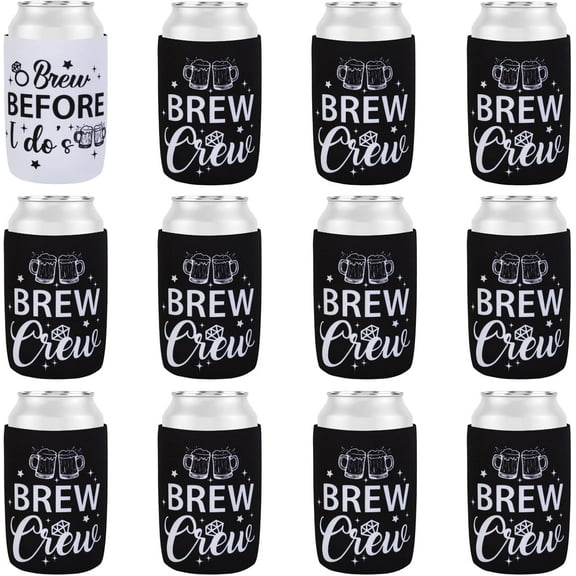 Serencatcher 12pcs Brews Before I Dos Bachelorette Party Favors Can Coolers Brew Crew Can Cooler Sleeves Black White Neoprene for Beer Theme Bridal Shower Engagement Party Supplies Decorations