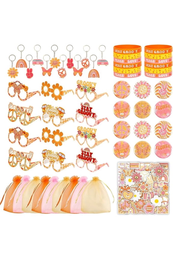 Serencatcher 150pcs Groovy Hippie Party Favors, Retro Boho Groovy Party Favors Include Hippie Groovy Keychains Bulk Badges Stay Groovy Silicone Bracelet Groovy Paper Glasses Boho Stickers Gift Bags