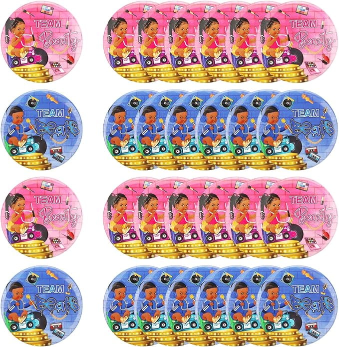 Serencatcher 24Pcs Beauty or Beats Gender Reveal Decorations, Team Boy or Girl Button Pins, Hip Hop Button Pins Include Pink Blue for 80s 90s Retro Disco Hip Hop Gender Reveal Baby Shower Games Favor