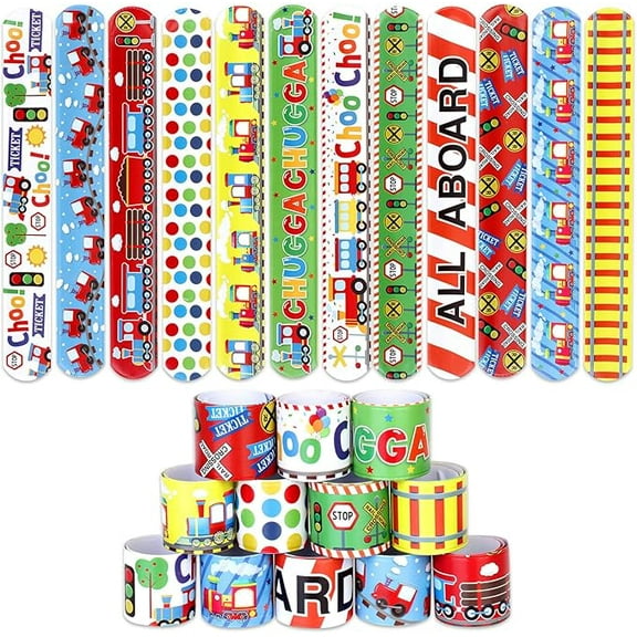 Serencatcher 48Pcs Train Slap Bracelets, Train Party Favors Include Bracelet Wristbands in 12 Styles for Chugga Chugga Choo Choo Train Railroad Transportation Birthday Party Decorations Supplies