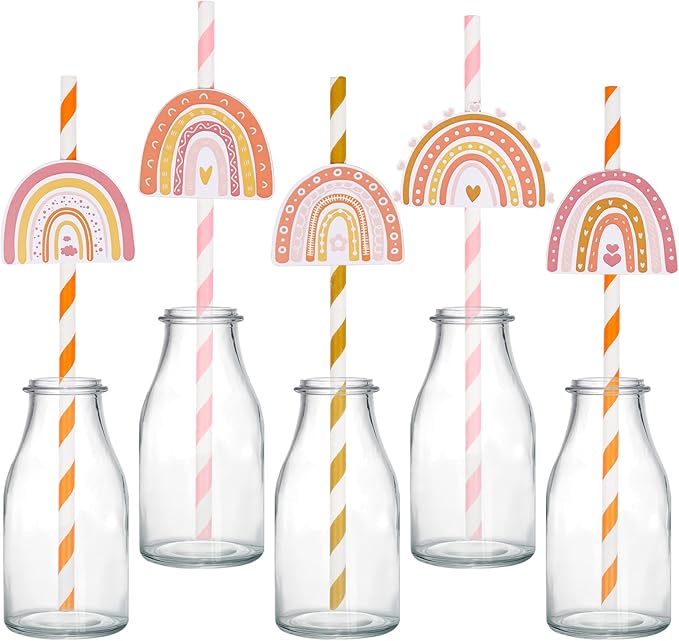 Serencatcher 50Pcs Boho Rainbow Paper Straws, Boho Rainbow Baby Shower Decorations with Colorful Double-sided Printing Striped Decorative Straw for Girls Retro Groovy Rainbow Birthday Party favors