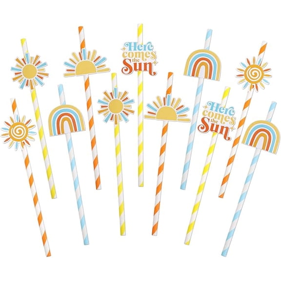 Serencatcher 50Pcs Here Comes the Sun Baby Shower Party Paper Straws, First Trip around the Sun Birthday Decorations with Sun Themed Boho Rainbow Stripes Straws for Boho Sun 1st Birthday Party Favors