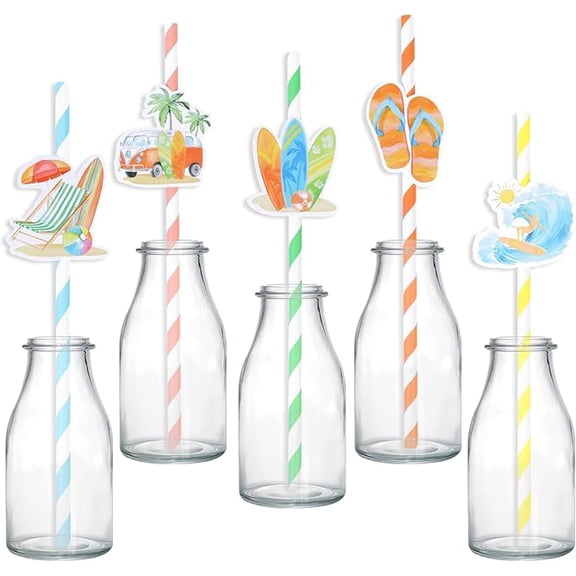 Serencatcher 50pcs Surf Board Party Favors Straws, The Big One Themed Party Paper Straws Surfing Baby On Board Baby Shower Birthday decor Blue Theme Striped Drinking Straws for Summer Beach Party