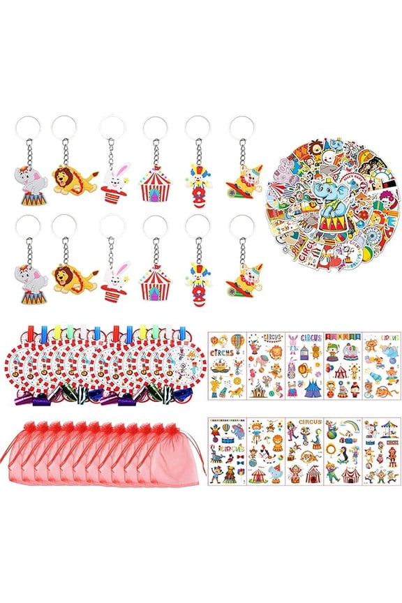 Serencatcher 60Pcs Circus Party Favors, Circus Carnival Birthday Party Decorations with Clown Keychains Temporary Tattoos Stickers Blowing Dragons Organza Bags for Kids Plim Plim Birthday Party