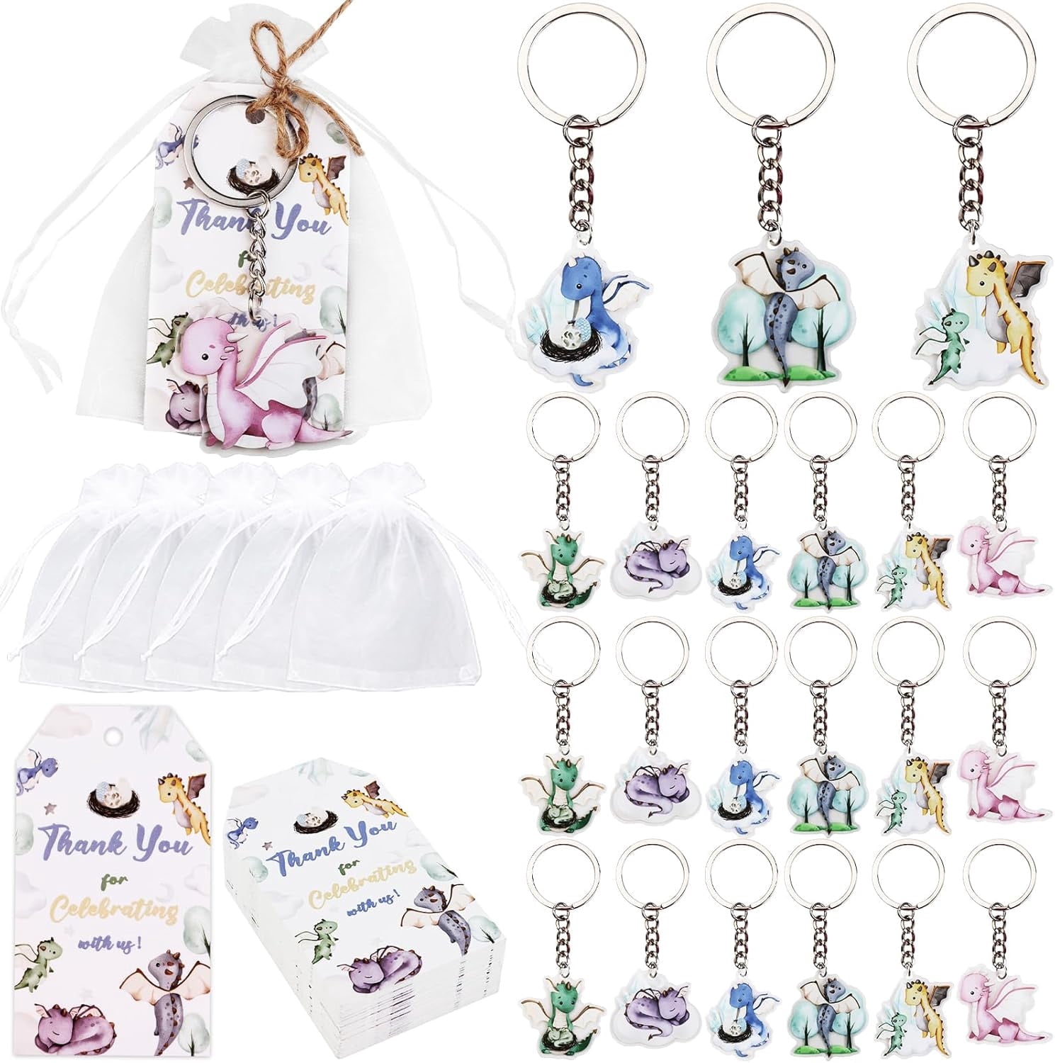 Serencatcher 72Pcs Dragon Party Favors, Dragon Baby Shower Decorations, Watercolor Dragon Thank You Tags Keychain White Organza Bags for Hatching Soon Baby Shower Birthday Party Supplies