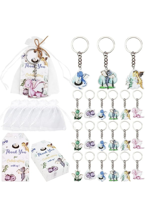 Serencatcher 72Pcs Dragon Party Favors, Dragon Baby Shower Decorations, Watercolor Dragon Thank You Tags Keychain White Organza Bags for Hatching Soon Baby Shower Birthday Party Supplies