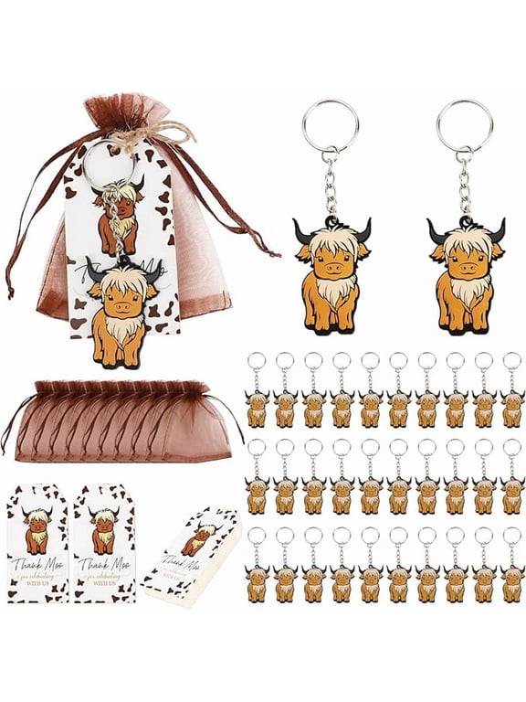 Serencatcher 90Pcs Highland Cow Baby Shower Party Favors Boy, Highland Cow Keychain Thank Moo Gift Tags and Brown Organza Bags for Highland Cow Cattle Party Favors My First Rodeo Birthday Decorations