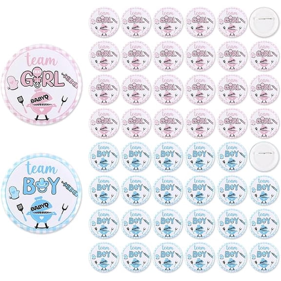 Serencatcher BBQ Gender Reveal Decorations Button Pins, 48pcs Baby Q Team Boy or Girl Pins Badges for Barbecue Baby Shower He or She Gender Reveal Decorations Party Favors Games Supplies Ideas