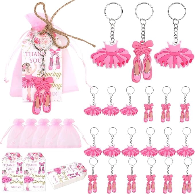 Serencatcher Ballerina  Favors, 90pcs Ballet  Favors Baby Shower Birthday Bags Filler Ballerina Tutu Shoes Keychains Thank You Tags Pink Organza Bags for Ballerina Baby Shower Birthday