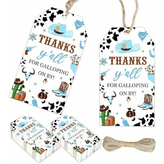 Serencatcher Cowboy Thank You Tags, 50pcs Western Cowboy Baby Shower Favors Blue Thank You Tags Cowboy Party Favor Gift Tags for Western Wild West Cowboy Baby Shower Birthday Party