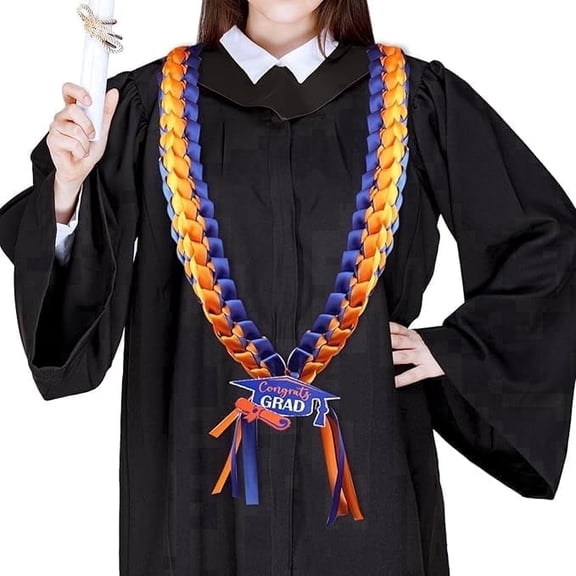 Orange & Blue Graduation Lei Braided Ribbon Graduation Leis with Graduation Tag for Graduation Ceremony Party Decoration