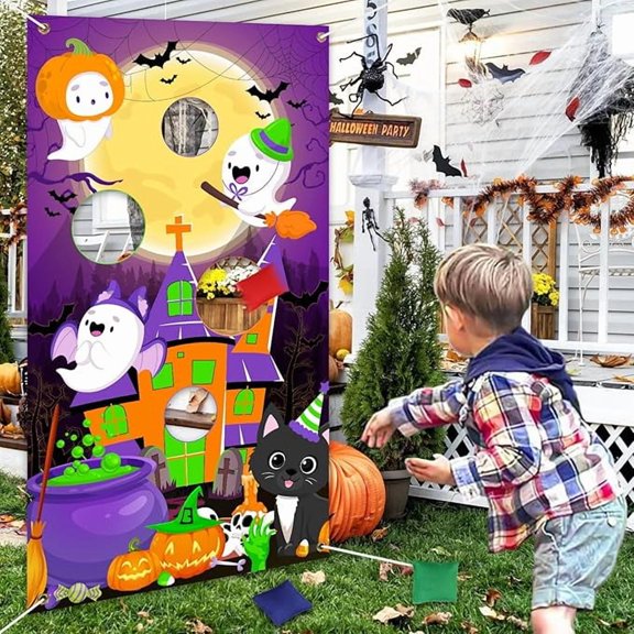 Serencatcher Halloween Decoration Toss Games, Purple Orange Green Halloween Party Favor Toss Game Backdrop Banner with Bean Bags for Halloween Birthday Happy Boo Day Indoor Outdoor Toss Game Supplies