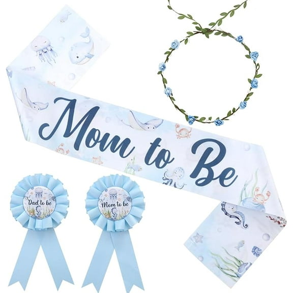Serencatcher Under The Sea Baby Shower Maternity Sash Boy, Ocean Animal Baby Shower Decorations Mom to Be Dad to Be Corsage Pin Flower Crown Blue for Underwater Sea Animal Theme Gender Reveal Party