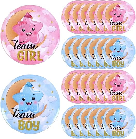 Serencatcher Twinkle Twinkle Little Star Gender Reveal Button Pins, 24pcs Twinkle Little Star Gender Reveal Team Girl or Team Boy Button Pins, Moon Star Party Favor Gift Tags for He or She Baby