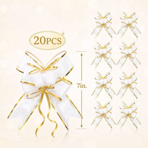 Serencreathomea 20-Pack White Pull Bows for Gift Wrapping 7 Inch Large Gift Bows with Lace Rose & Gold Trim for Wedding, Christmas, Birthday, Party & Easter