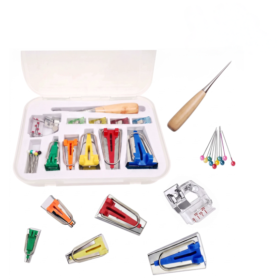 Serencreathomea Bias Tape Maker Kit 5 Sizes 1/4" 3/8" 1/2" 3/4" 1" with Binding Foot, Awl, Clips & Bead Pins, Sewing Tools for Quilting, Patchwork & DIY Crafts