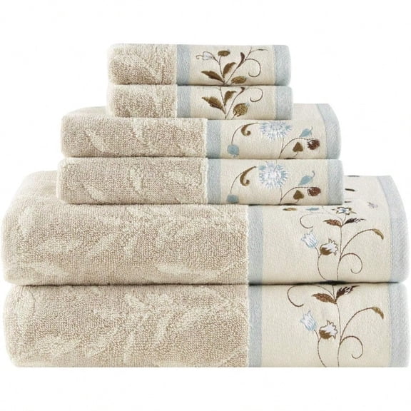 Serene 100 Cotton Bath Towel Set Luxurious Floral Decorative Towels for Bathroom Embroidered Cotton Jacquard Design Soft Highly Absorbent for Shower 600 GSM MultiSizes Blue 6 Piece