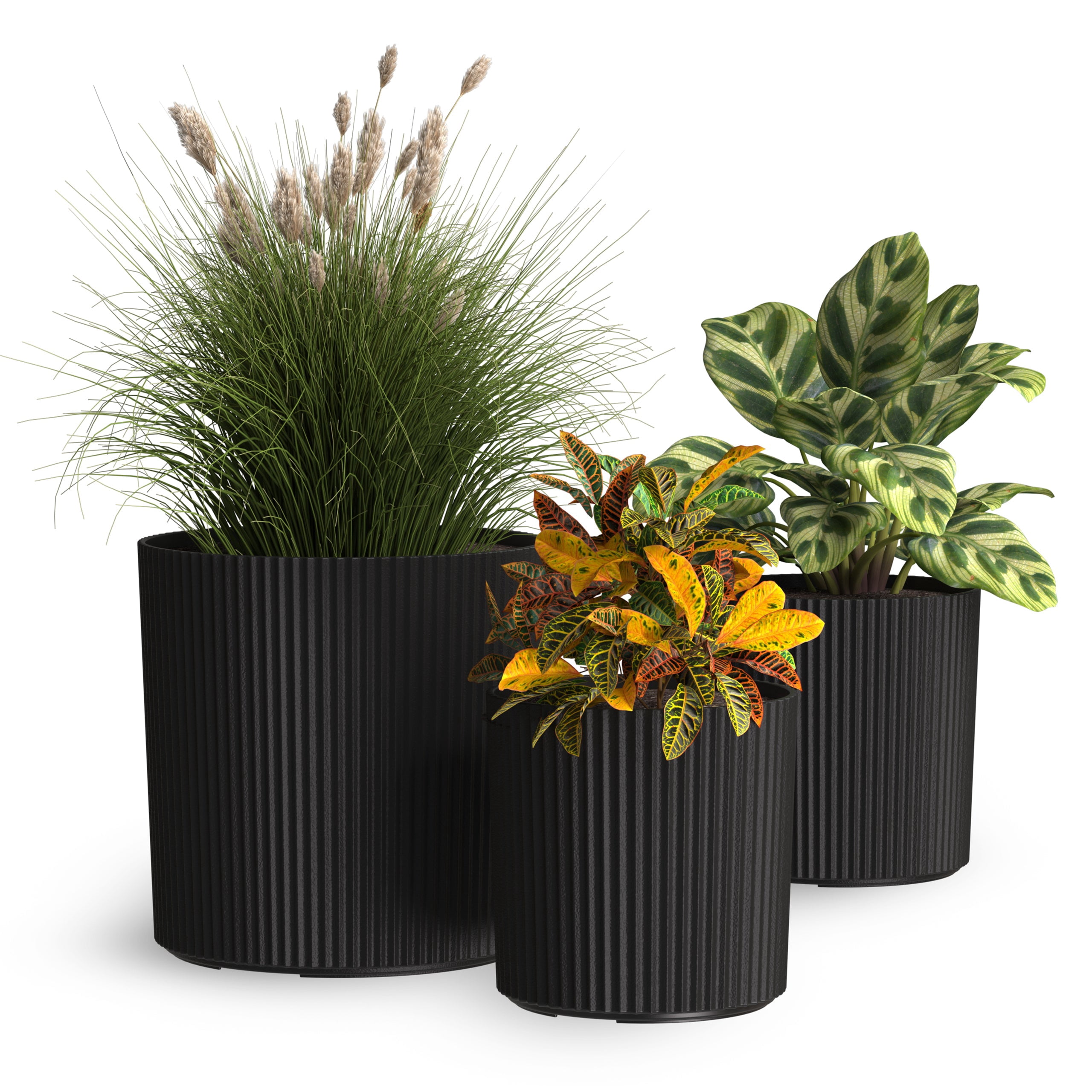 Serene 14in, 12in, and 10in Round Black Plastic Plant Planters with Drainage Holes, 3-Pack